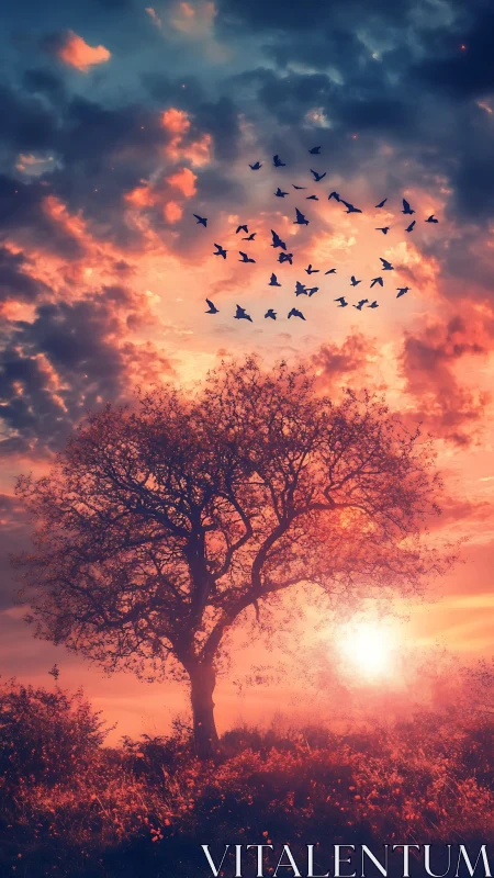 Solitary tree silhouettes against vivid migratory sunset sky