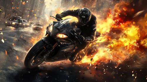 Midnight rider knifes through firestorm on blazing streets.