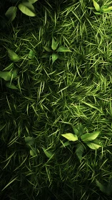 High-contrast grass canopy with emergent leaf rosettes cluster.