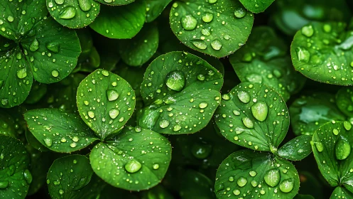 Gentle clover leaves cradling bright morning raindrops.