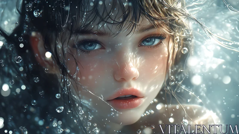 Waterlit gaze of a luminous girl adrift in liquid starlight.