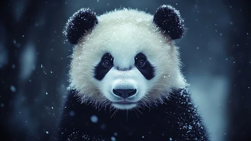 Snow-dusted panda portrait with cinematic winter lighting.