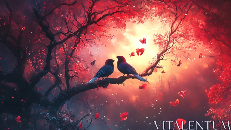 Two birds perched on branch amid red-lit forest canopy with floating hearts