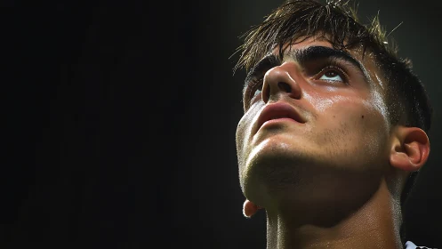 Hopeful young athlete gazing upward under stadium lights.