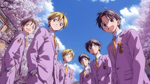 Cherry blossoms applaud six pastel-clad friends below