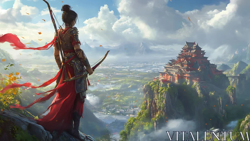 Scarlet archer pauses on a cliff, sizing up the skyborne citadel