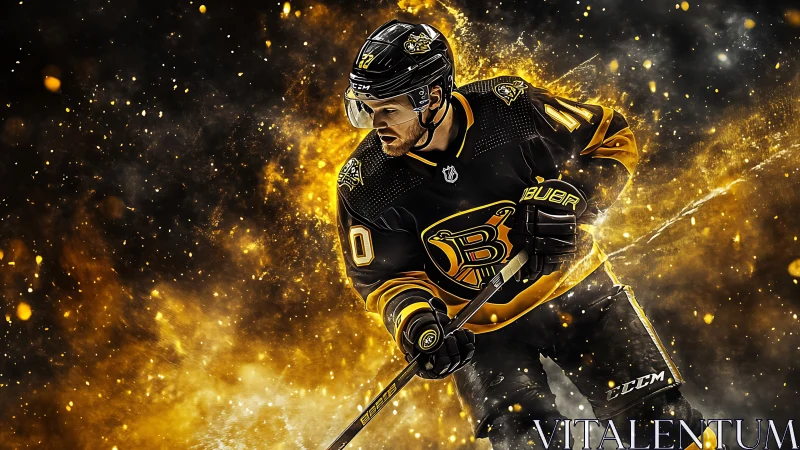 Blazing hockey player charges forward through golden sparks