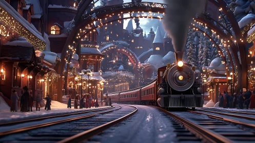 Steam locomotive enters illuminated snowy station in 3D fantasy