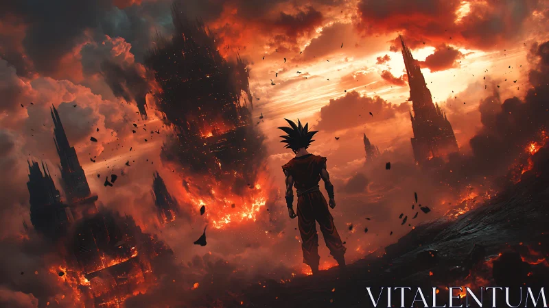 Digital painting of lone warrior in apocalyptic inferno skyline.