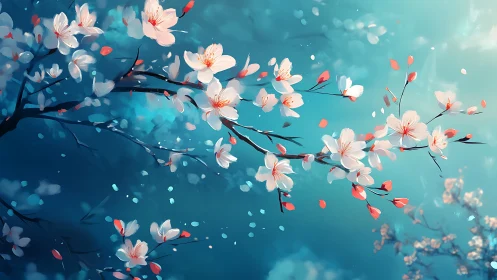 Delicate Cherry Blossoms Dance Across a Serene Turquoise Sky