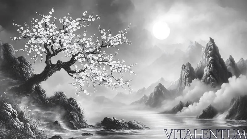 Moonlit blossom tree guarding mist-wrapped mountain river.