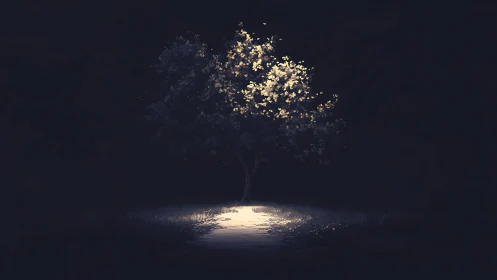 Lone moonlit tree spilling quiet radiance into the dark.