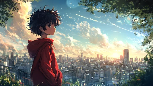 Youthful figure in red hoodie above detailed cityscape.