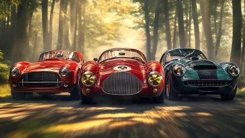 Photorealistic trio of vintage racing cars in sunlit forest drive.