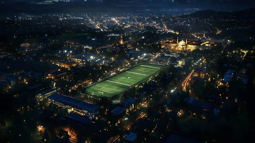 Illuminated campus stadium dominates cinematic night skyline