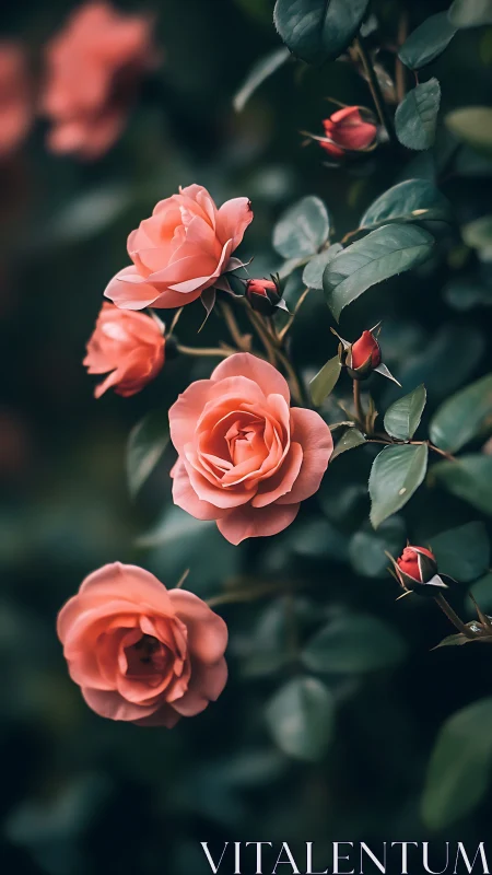 Coral Roses Bloom in Soft Garden Light