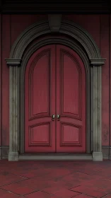 Red double door under ornate stone arch in dim hall.