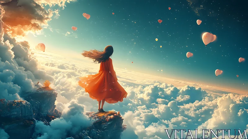 Girl in orange dress overlooking glowing cloud horizon.
