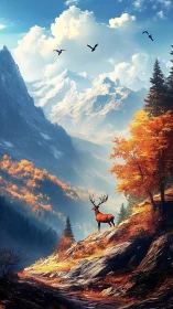 Majestic stag overlooking luminous autumn alpine valley.