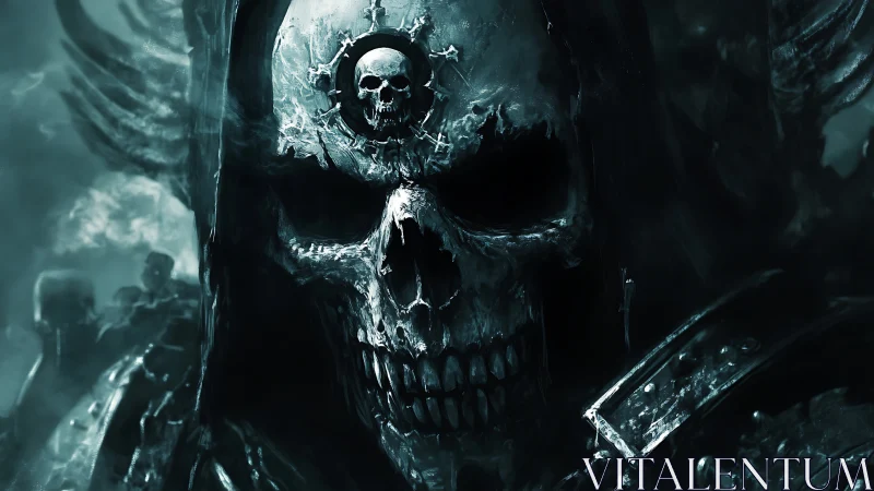 Armored skeletal warlord emerges from shadowed battlefield