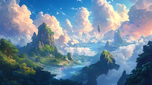 Digital landscape shows floating cliffs and dense cloud formations