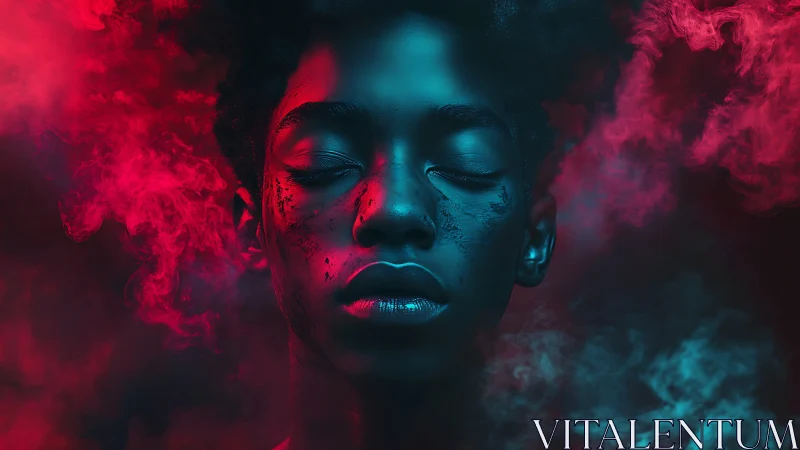 Dreamlit portrait in neon clouds of red and cyan calm.