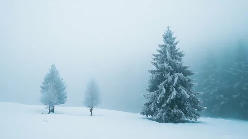 Frosted conifer trees in minimal alpine winter fog landscape.