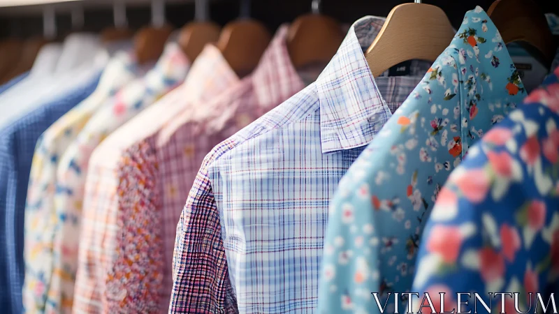 Colorful Shirts Arranged on Wooden Hangers Display.