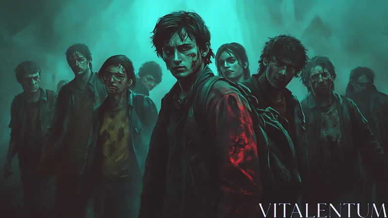 Bloodied young survivor leads group in teal foggy ruin.