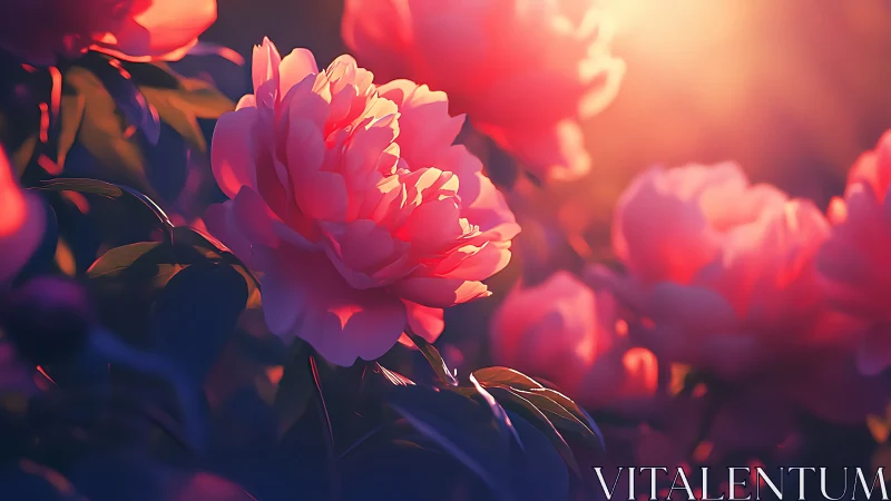 Pink Peonies in Warm Golden Sunset Light