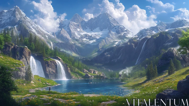 Mountain lake scene shows waterfalls, alpine peaks, and clouds