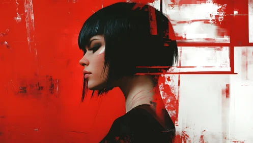 Woman in profile against red abstract digital background