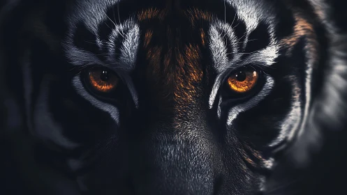 High-contrast macro study isolates a tiger’s eyes and facial pattern