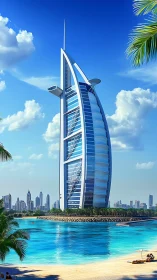 Sail-shaped waterfront tower structure with geometric facade elements.