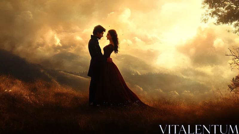 Silhouetted Couple Embracing Against Golden Mountain Landscape at Sunset.