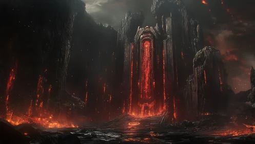 Hellfire citadel emerging from molten volcanic chasm.