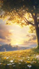 Volumetric sunset over daisy meadow with arboreal canopy.