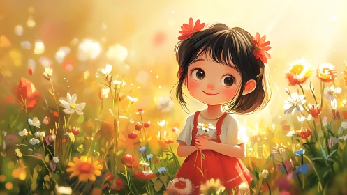 Smiling cartoon girl in sunlit flower meadow holding daisies.