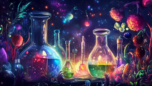 Luminous potion lab glows in a cosmic bioluminescent garden