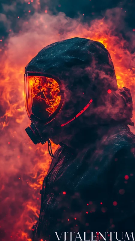Welding mask in inferno, fire engulfed figure stands resolute.