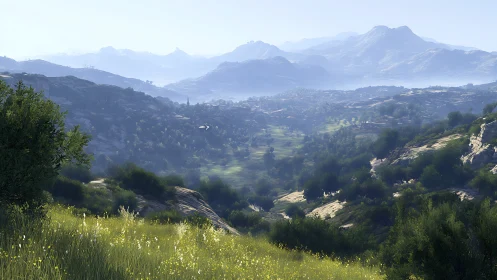 Valley light drifts lazily through layered digital mountains