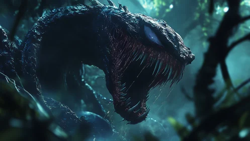 Swamp nightmare serpent roaring through emerald fog.