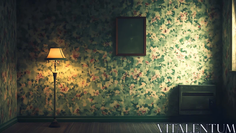 Vintage floral room interior with moody asymmetric lighting study