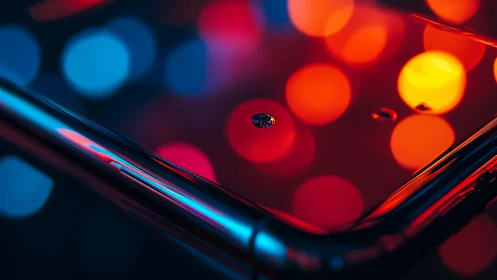 Shimmering smartphone close‑up glows in colorful city lights