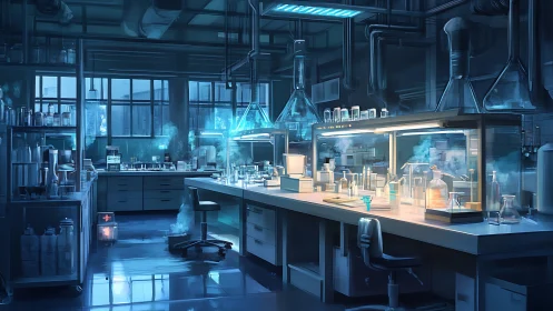 Futuristic blue laboratory interior glows with active research