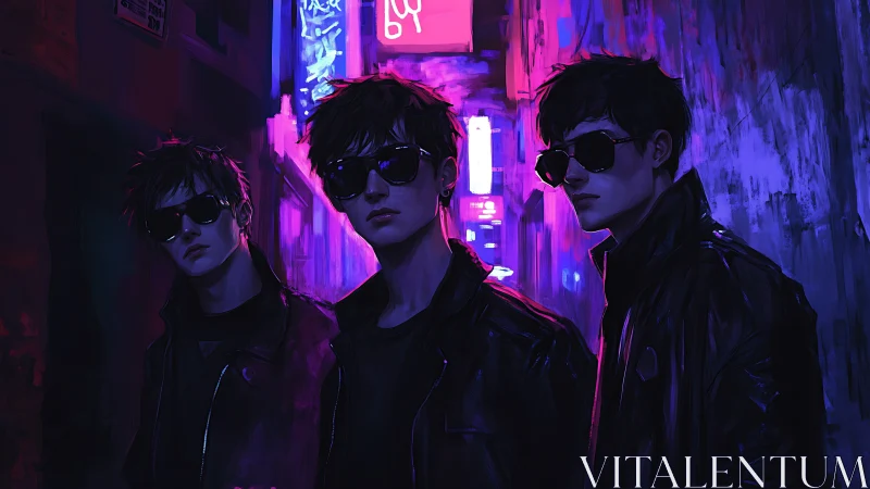 Neon-drenched rebels multiply in a violet-lit back alley