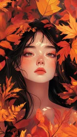 Autumn muse portrait framed by luminous scarlet foliage.