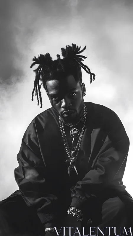 Monochrome low-key portrait dramatizes urban streetwear icon