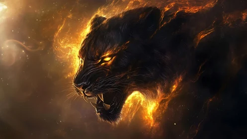 Panther head formed from molten fire in deep space cloud
