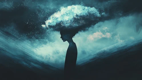 Silhouette profile with cloud-like abstract head in teal tones.